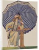 Illustration of Woman Sitting Under Striped Umbrella by Coles Phillips