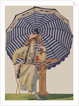 Illustration of Woman Sitting Under Striped Umbrella by Coles Phillips
