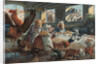 Illustration of Rooster Playing Reveille to Barnful of Animals by Anonymous