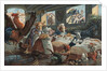 Illustration of Rooster Playing Reveille to Barnful of Animals by Anonymous