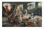 Illustration of Rooster Playing Reveille to Barnful of Animals by Anonymous