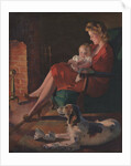 Illustration of Mother and Baby Sitting by Fireplace by Anonymous