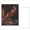 Illustration of Mother and Baby Sitting by Fireplace by Anonymous