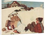 Illustration of Boy and Groceries Falling Off Sled by Anonymous