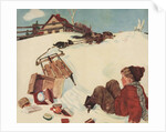 Illustration of Boy and Groceries Falling Off Sled by Anonymous