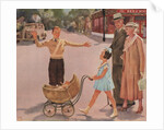 Illustration of Crossing Guard Helping People Cross Street by Douglass Crockwell