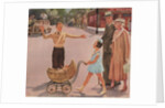 Illustration of Crossing Guard Helping People Cross Street by Douglass Crockwell