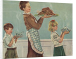 Illustration of Mother and Children Carrying Thanksgiving Dinner by Douglass Crockwell