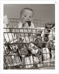 1960s Baby Sitting In Supermarket Cart Full Of Cans Eating Candy Bar With A Messy Face by Anonymous