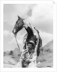 1930s Cowboy Sitting In Front Of Horse Holding Reins Spotted Paint Pinto by Anonymous