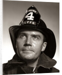 1950s Portrait Fireman Serious Expression Metal Fire Hard Hat Engine 4 by Anonymous