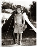 1950s Boy Playing Soldier Standing With Rifle Helmet Canteen Tent by Anonymous