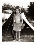 1950s Boy Playing Soldier Standing With Rifle Helmet Canteen Tent by Anonymous