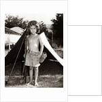 1950s Boy Playing Soldier Standing With Rifle Helmet Canteen Tent by Anonymous