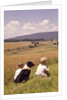 1960s Back Of Two Boys With Black And White Dog Sitting Hillside Field Looking Down To Farm by Anonymous