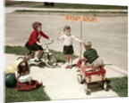 1950s Boys And Girls Outdoor With Tricycle And Wagon Playing Traffic With Police Stop Sign Americana by Anonymous
