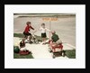 1950s Boys And Girls Outdoor With Tricycle And Wagon Playing Traffic With Police Stop Sign Americana by Anonymous