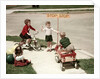 1950s Boys And Girls Outdoor With Tricycle And Wagon Playing Traffic With Police Stop Sign Americana by Anonymous