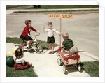 1950s Boys And Girls Outdoor With Tricycle And Wagon Playing Traffic With Police Stop Sign Americana by Anonymous