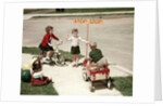 1950s Boys And Girls Outdoor With Tricycle And Wagon Playing Traffic With Police Stop Sign Americana by Anonymous