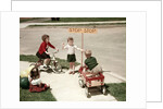 1950s Boys And Girls Outdoor With Tricycle And Wagon Playing Traffic With Police Stop Sign Americana by Anonymous