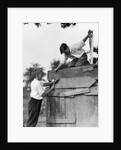 1930s Pair Of Boys Building Shack One Nailing Board To Side One On Roof With Saw by Anonymous