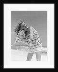 1950s 1960s Woman Wrapped In Stripped Towel Drying Hair On Beach Smiling by Anonymous