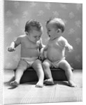 1930s 1940s Twin Babies Wearing Diapers Together Sitting On A Bench Side By Side Studio by Anonymous