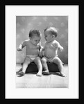 1930s 1940s Twin Babies Wearing Diapers Together Sitting On A Bench Side By Side Studio by Anonymous