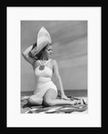1940s Woman In White Bathing Suit On Beach Wearing Big Straw Hat by Anonymous