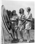 1930s 1940s Three Teen Girls Standing By Archery Target Bows Arrows by Anonymous