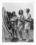 1930s 1940s Three Teen Girls Standing By Archery Target Bows Arrows by Anonymous