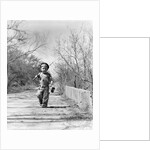 1940s Boy Walking Down Country Road With Can Of Worms And Fishing Pole by Anonymous