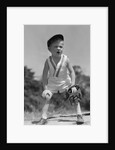 1930s Boy Wearing Baseball Hat and Glove Bent Over With Hands On Knees Yelling by Anonymous