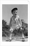1930s Boy Wearing Baseball Hat and Glove Bent Over With Hands On Knees Yelling by Anonymous