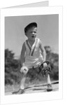 1930s Boy Wearing Baseball Hat and Glove Bent Over With Hands On Knees Yelling by Anonymous