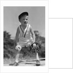 1930s Boy Wearing Baseball Hat and Glove Bent Over With Hands On Knees Yelling by Anonymous