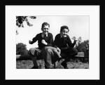 1930s 1940s Two Excited Boys Cheering Sports Team Holding School Letter Pennant Retro Vintage by Anonymous