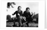 1930s 1940s Two Excited Boys Cheering Sports Team Holding School Letter Pennant Retro Vintage by Anonymous