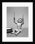1940s Baby In Diaper With Drum Holding Up Drumsticks by Anonymous