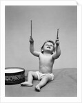 1940s Baby In Diaper With Drum Holding Up Drumsticks by Anonymous