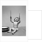 1940s Baby In Diaper With Drum Holding Up Drumsticks by Anonymous