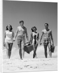 1960s Teenage Couples Wearing Bathing Suits On Beach Carrying Picnic Baskets by Anonymous