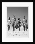 1960s Teenage Couples Wearing Bathing Suits On Beach Carrying Picnic Baskets by Anonymous