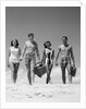 1960s Teenage Couples Wearing Bathing Suits On Beach Carrying Picnic Baskets by Anonymous