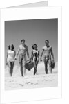 1960s Teenage Couples Wearing Bathing Suits On Beach Carrying Picnic Baskets by Anonymous