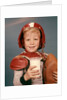 1960s Boy Wearing Red Helmet Football Shoulder Pads Holding Glass Milk and Football by Anonymous