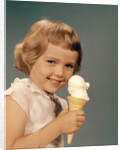 1950s 1960s Girl Eating Ice Cream Cone Double Scoop Vanilla by Anonymous