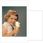 1950s 1960s Girl Eating Ice Cream Cone Double Scoop Vanilla by Anonymous