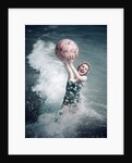 1950s Woman Jumping In Surf Holding Up Beach Ball by Anonymous